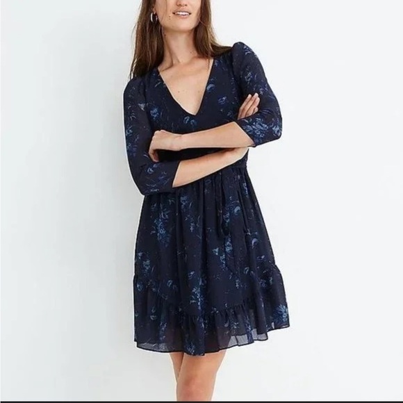 Madewell Dresses & Skirts - Madewell Size 6 Sheer-Sleeve V-Neck Mini Dress in Tonal Botanical